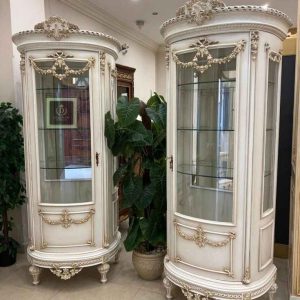 Lemari Sudut Ruang Makan Ukir Duco Putih