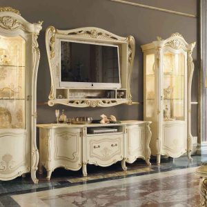 Meja Lemari TV Kayu Minimalis Ukir Duco Putih