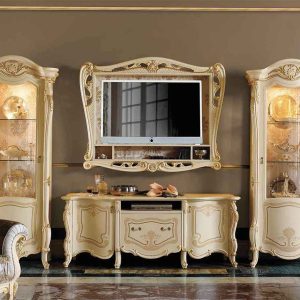 Lemari TV Kayu Minimalis Ukir Duco Putih Elegan