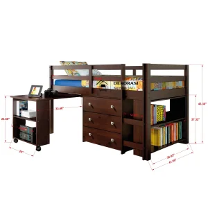 tempat tidur susun anak jati solid harries plus meja belajar & rak buku hemat ruang