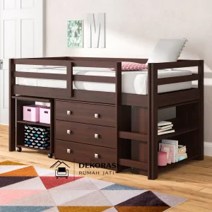 tempat tidur susun anak jati solid harries plus meja belajar & rak buku hemat ruang
