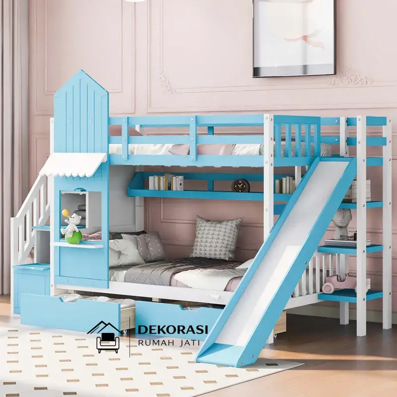 tempat tidur susun perosotan gaya kastil hatina kids dari kayu mahoni | custom bunk bed anak kreatif & aman tempat tidur susun perosotan gaya kastil hatina kids dari kayu mahoni | custom bunk bed anak kreatif & aman