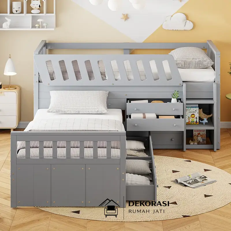 ranjang tingkat kayu minimalis dengan tangga & laci | bunk bed anak multifungsi abu abu ranjang tingkat kayu minimalis dengan tangga & laci | bunk bed anak multifungsi abu abu