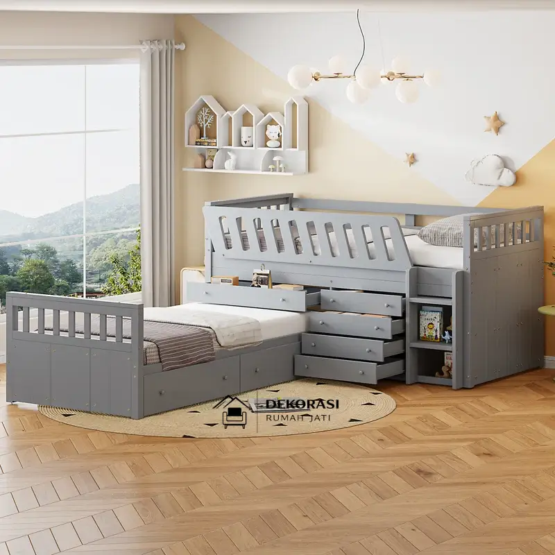 ranjang tingkat kayu minimalis dengan tangga & laci | bunk bed anak multifungsi abu abu ranjang tingkat kayu minimalis dengan tangga & laci | bunk bed anak multifungsi abu abu