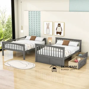 2 tempat tidur susun minimalis duco abu abu dari kayu mahoni | custom bunk bed anak aman & elegan